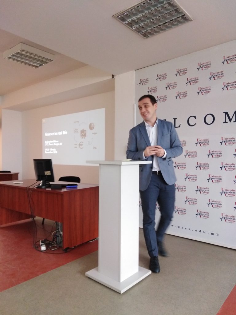Dushan Mitrev, CFO of Pivara Skopje holds a guest lecture at UACS