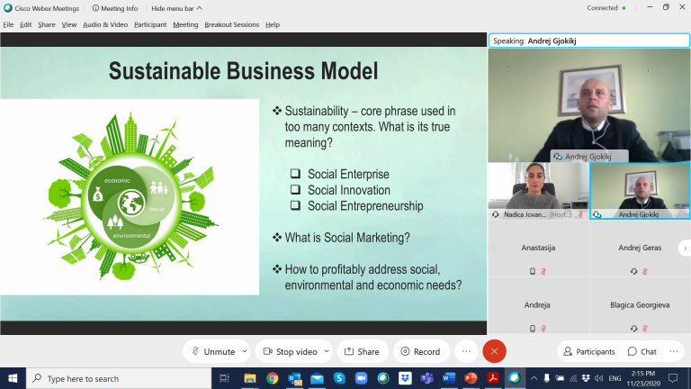 Guest lecture on Sustainability, Social Marketing and PR experiences, held by Andrej Gjokikj, CEO at Sunilens